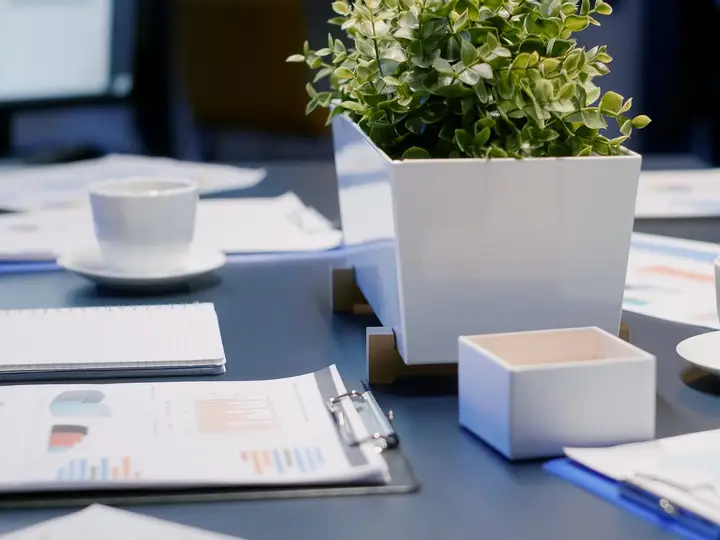 Working session desk with research documents